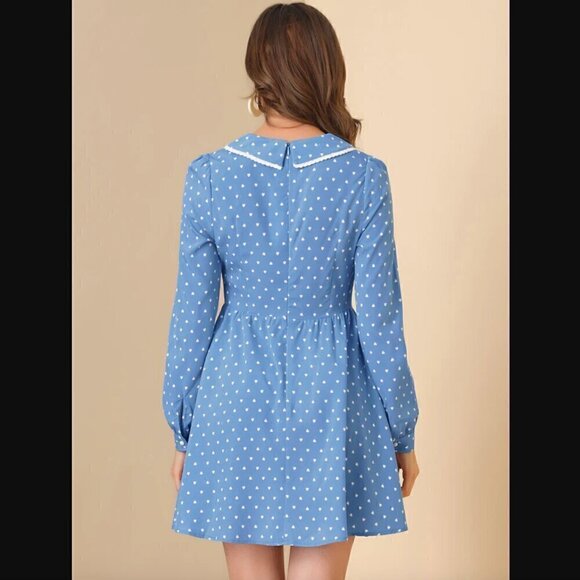 Allegra K Dress M Heart Print Long Sleeve A-Line Peter Pan Collar Mod Retro Blue - Picture 5 of 5